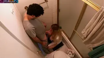 Stepmom and stepson have a secret rendez-vous in the bathroom during a family dinner