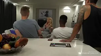 Huge busty blonde fucks 5.. guys