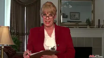 Busty female boss strips naked and goes slutty