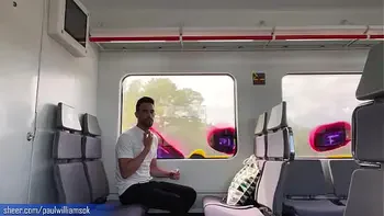 Sexy tanned man travelling naked by train. Very risky public nudity