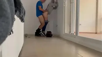 I call the young electrician to fix the plug and give him a blowjob and surprise fuck him without him knowing