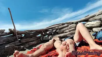 Exhibitionist Wife Outdoor Amateur Milf Handjob Big Cock on Nudity Beach public in front of voyeur with cumshot - MissCreamy