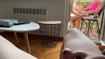 My husband is jerking off and cum in front of my stepmom a while we talk on balcony.