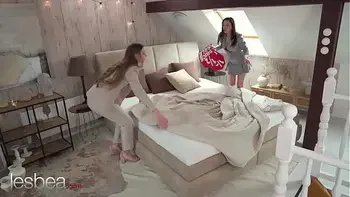 Lesbea Czech MILF Sabrisse romantic pussy licking and dildo fuck with petite Ukrainian Arina Shy