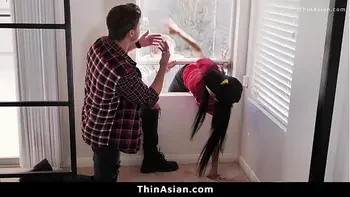 Asian Delivery Girl Gets Stuck in The Window and Fucked by Two Guys - Thinasian