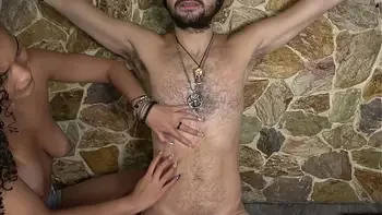 She gave him a hard handjob grabbing her balls and cock until he cums inside her throat. Great sex!