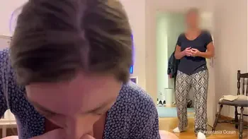 My stepmom caught me giving a blowjob to my boyfriend. We were talking and she watched and he cum.