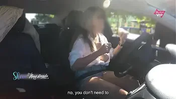 Hot wife Thay Ksada showing off in the car for a stranger and letting him touch her, with English subtitles