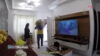 Hot wife Thay Ksada gets out of the shower and greets the delivery man in just a nightgown