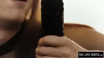 Freckle faced redhead in straps rides a giant dildo really hard