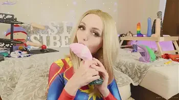 Amateur teen in suit Captain Marvel tests new toys Bad Dragon Sia Siberia