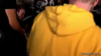 Busty blonde gets gangbang in public