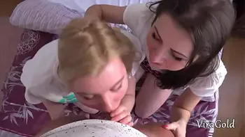 Double Blowjob by Two Rural Girls and Cum in Mouth