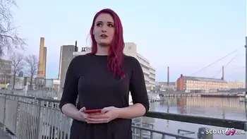 GERMAN SCOUT - Rothaarige Studentin Melina bei Strassen Casting fuer Geld gefickt