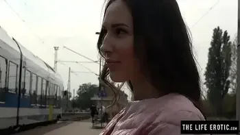 Tall skinny girl almost caught masturbating in public at a train station