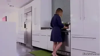 Delivery guy ties and torments brunette