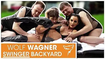 Outdoor orgy! Two MILFs enjoy numerous solid boners in the sunshine (FULL SCENE)! WolfWagner.com