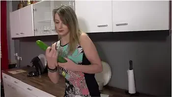 Sexy Housewife Milf Masturbates With Vegetable And Fucks A Big Cock In The Kitchen