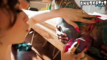 Skinny goth lesbians with tattoos and piercings intimate anal dildo stretching and squirting orgasm