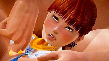 The big-breasted beauty is bent over and his fingers are inserted in and out of her throat and inserted into her pussy.