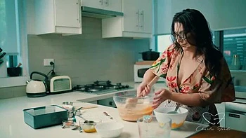 Blonde Charlie Forde and Brunette Chasey Devil Lesbian Cake Baking Sex with Big Natural Tits and Glasses