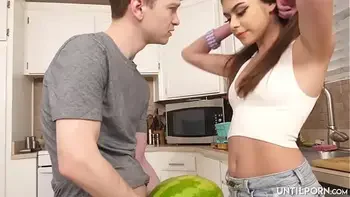 My stepsister catches me fucking a watermelon and then she wants to give me a blowjob
