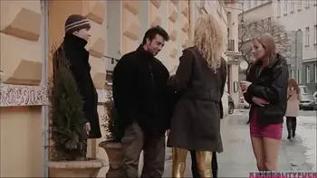 Three sexy chicks took horny guy on the streets and fuck with him in their red fuck bus