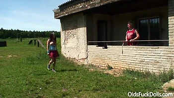 Old Dude Fucks Teen 18+ Sportsgirl By The Football Field