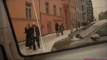 Two sexy blonde bitches catching dude with big hard dick for good fuck in the car