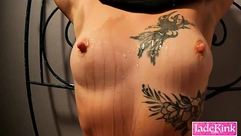 Pretty slut Jade Kink tied, head coved and bukkake fetish