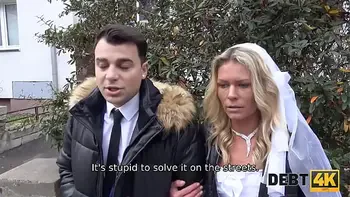 DEBT4k. Debt collector fucks the bride in white dress and stockings