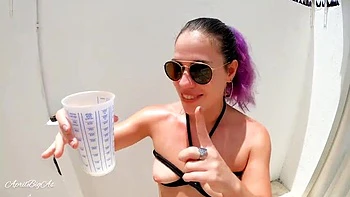 April BigAss Drinks Pee and Swallows Cum in Outdoor Garden Blowjob