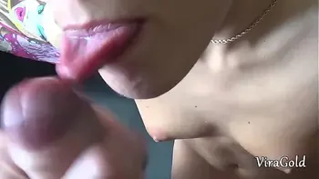 Petite blonde sucks cock and takes cum on face. Vira Gold with Jessi Gold