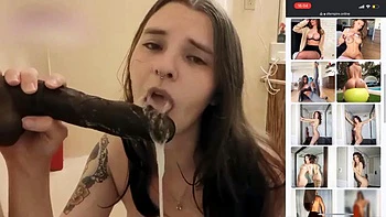 New  TATTED AMATEUR SLOBBERS OVER DILDO: Blowjob, Big Tits  Babe Porn