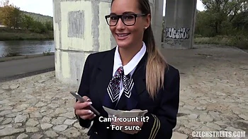 Stewardess Blowing Cock For Cash Public Outdoor