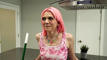 Tyler Steel and Riley Jean have kitchen sex, showcasing her tight pussy and natural 32c tits.