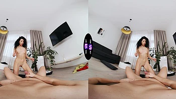 A sexy walk of a brunette teen with long hair in a mini dress