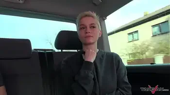 Short haired boosty blondie is clothed less in the countryside, she is taken in van for fuck and cum