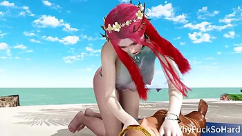 3D Red Head Asian Slut with Sexy Lingerie Sit on the Big Cock