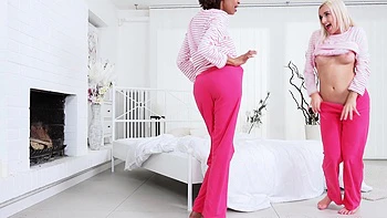 Two ebony beauties share huge white cock in amazing threesome