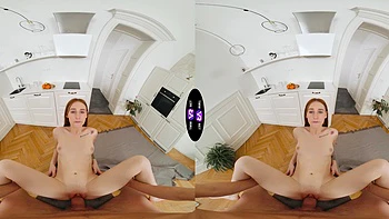Redhead takes a hard cock in her shaved pussy in vr porn