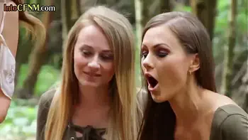 CFNM dominas jerk and suck sub in forest group domination