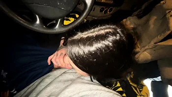 Double blowjob while driving a van