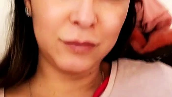 Busty curly brunette with big boobs fucks on couch