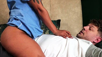 Nasty ebony nurse bends for patient