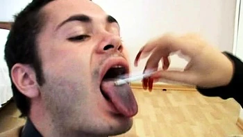 Light femdom and foot fetish play with brunette