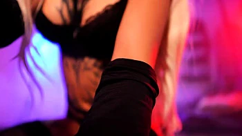 Trashy blonde babe in stockings