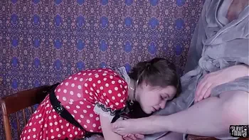 Foot licking teen slave deep throats cock