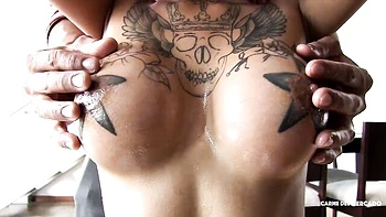 Fake-boobed inked brunette Marly Romero likes this large penis