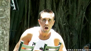 Sweet blonde with silicone tits Brit is jumping on a pretty huge dick